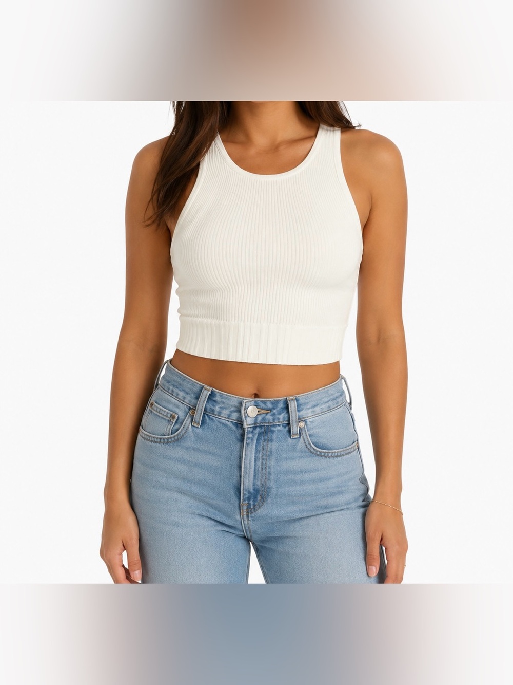 Zara Cream Ribbed Cropped Tank Fitted Sleeveless Basic Top Size XS-S